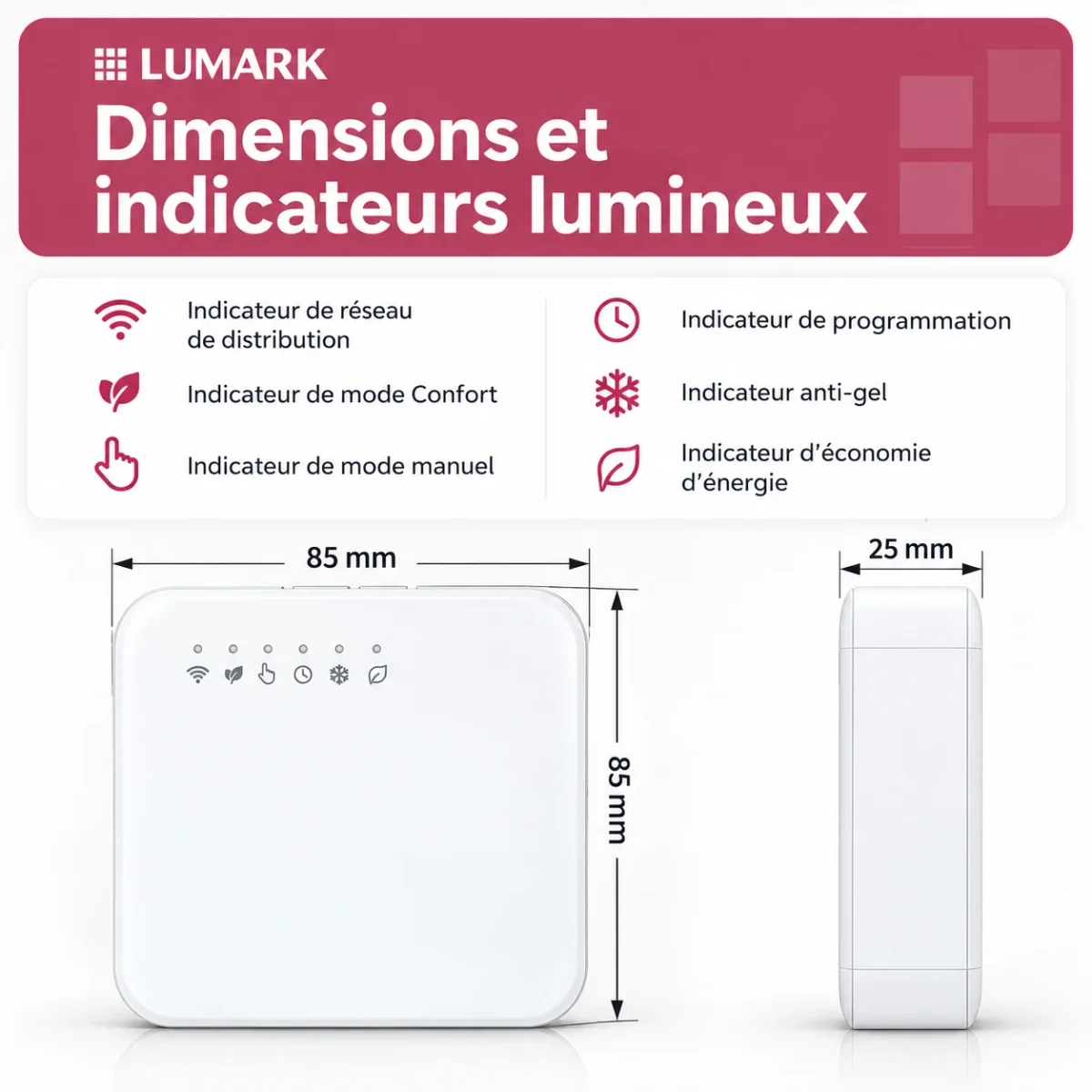 Dimensions du thermostat (85 × 85 × 25 mm) et indicateurs lumineux : réseau, mode confort, mode manuel, programmation, anti-gel, économie d'énergie