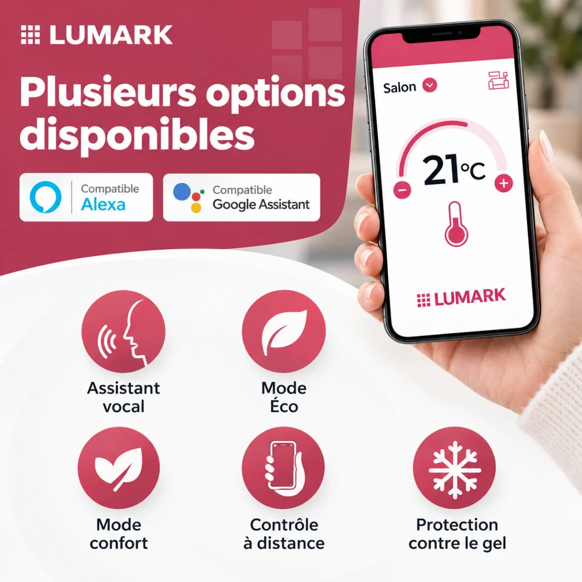 Plusieurs options : assistant vocal, mode Éco, mode confort, contrôle à distance, protection contre le gel