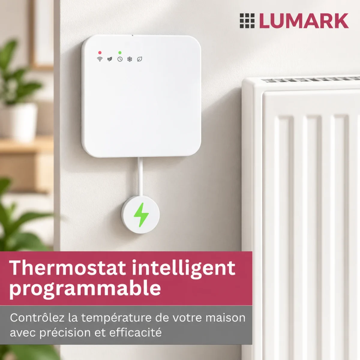 Thermostat intelligent programmable LUMARK fixé au mur à côté d'un radiateur : contrôlez la température avec précision et efficacité
