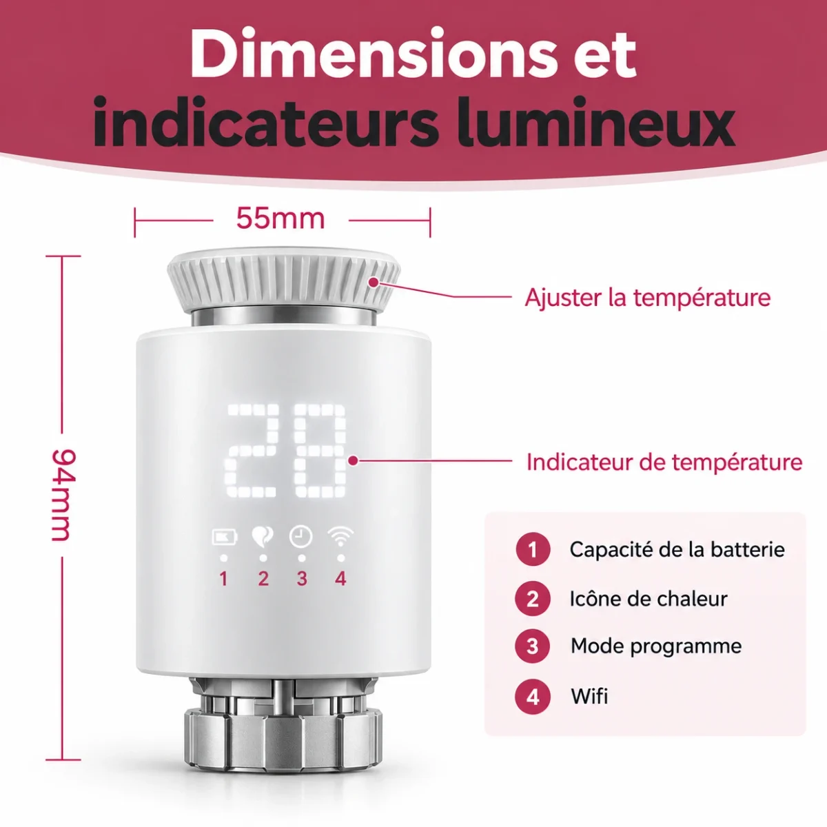 Dimensions de la tête thermostatique et indicateurs lumineux : batterie, chaleur, mode programme, Wi-Fi