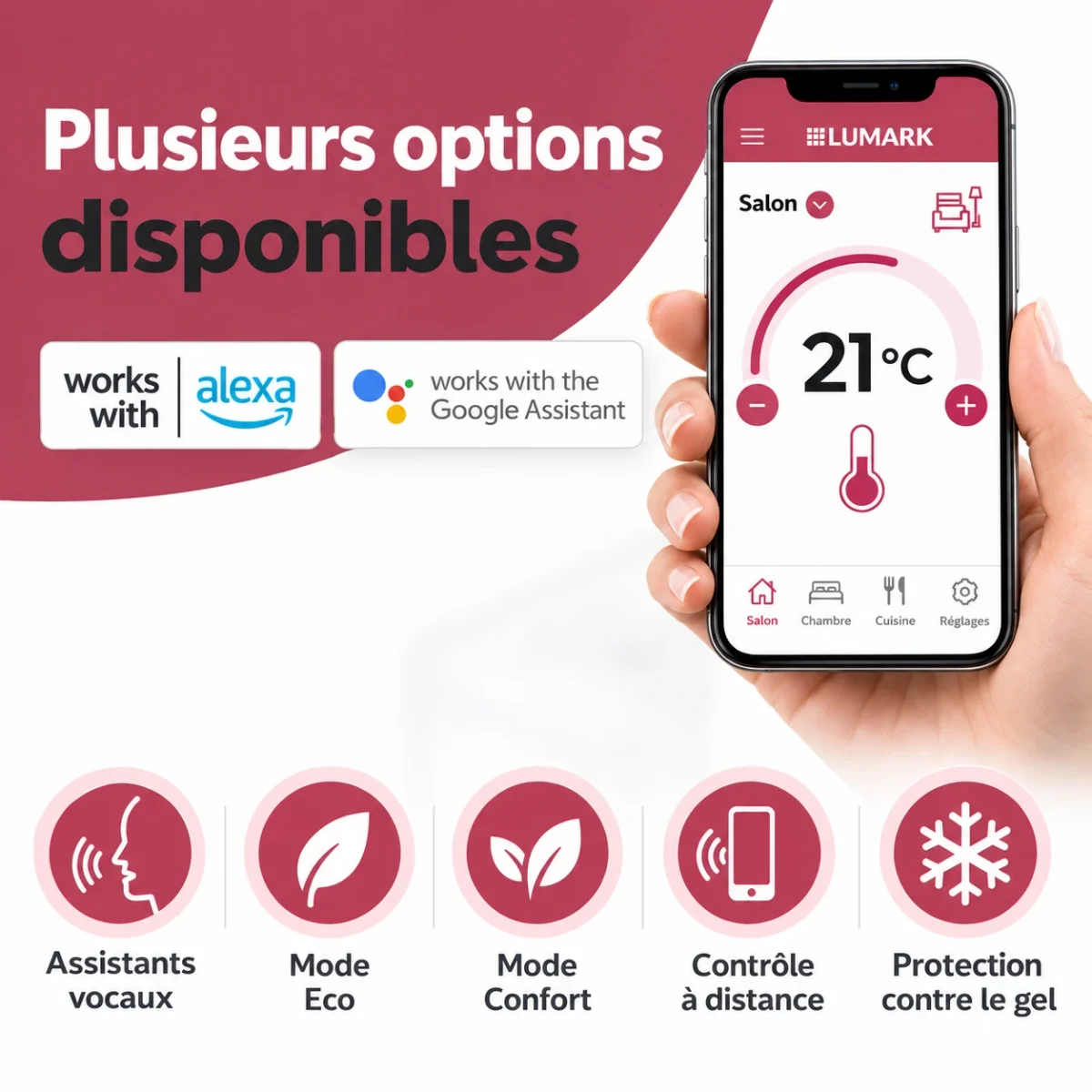 Plusieurs options : assistants vocaux, mode Eco, mode Confort, contrôle à distance, protection contre le gel