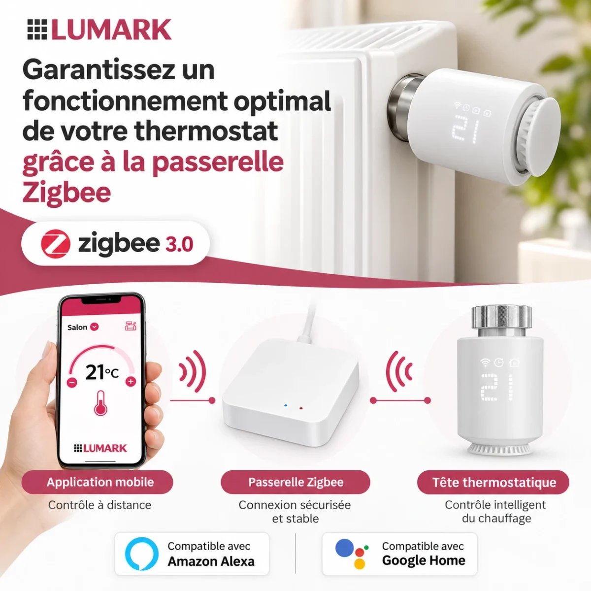 Schéma : application mobile, passerelle Zigbee et tête thermostatique, compatibles Amazon Alexa et Google Home